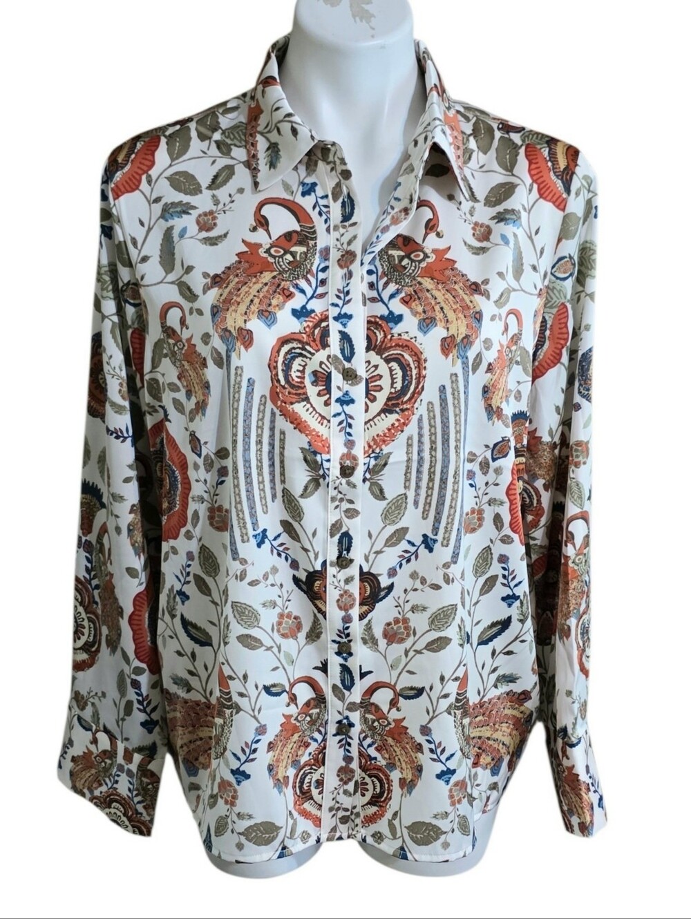 Rachel Zoe Button Down Peacock Print Blouse Cream Size L - Picture 2 of 11